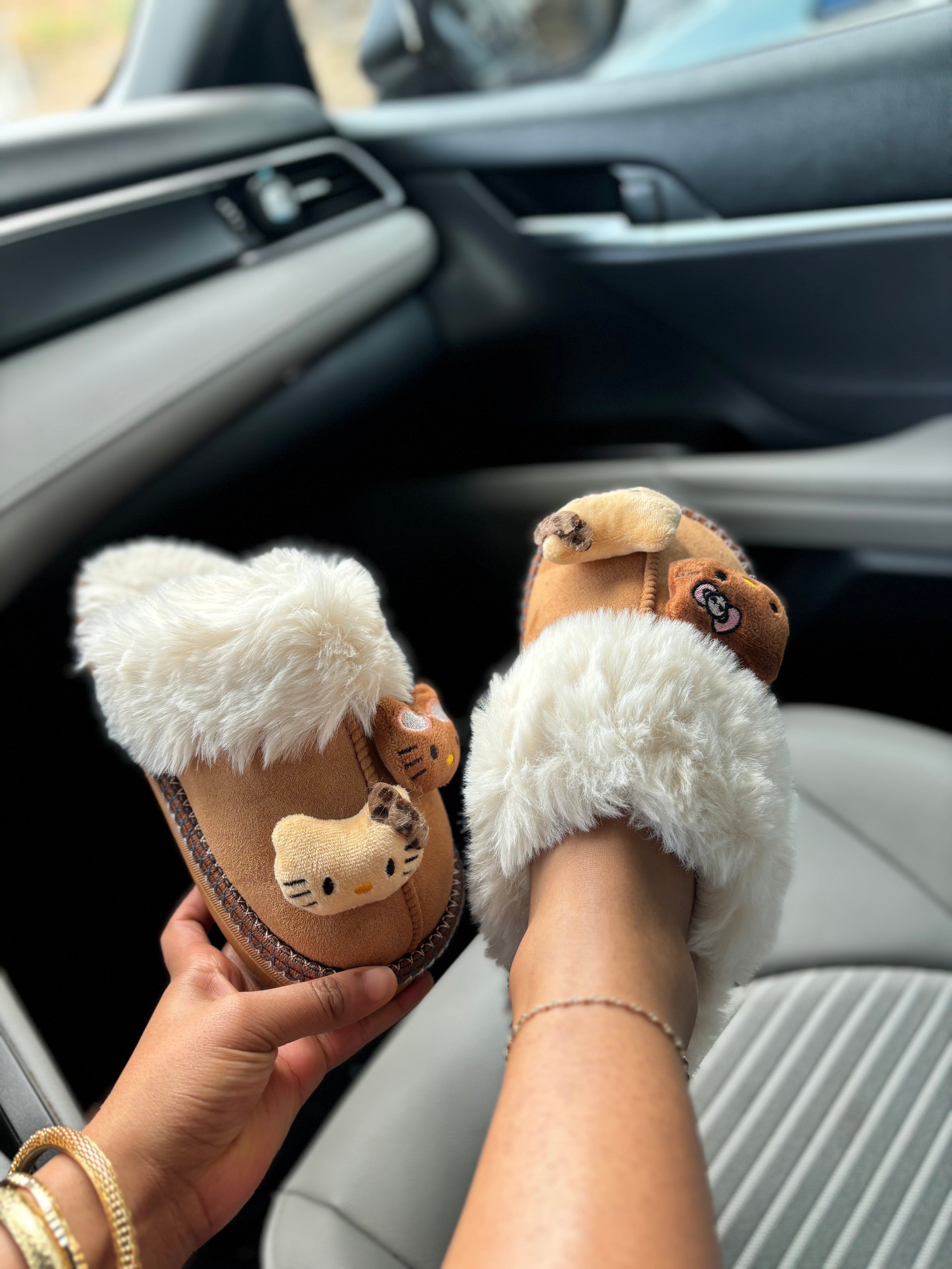 Brown Plush Hello Kitty Slippers
