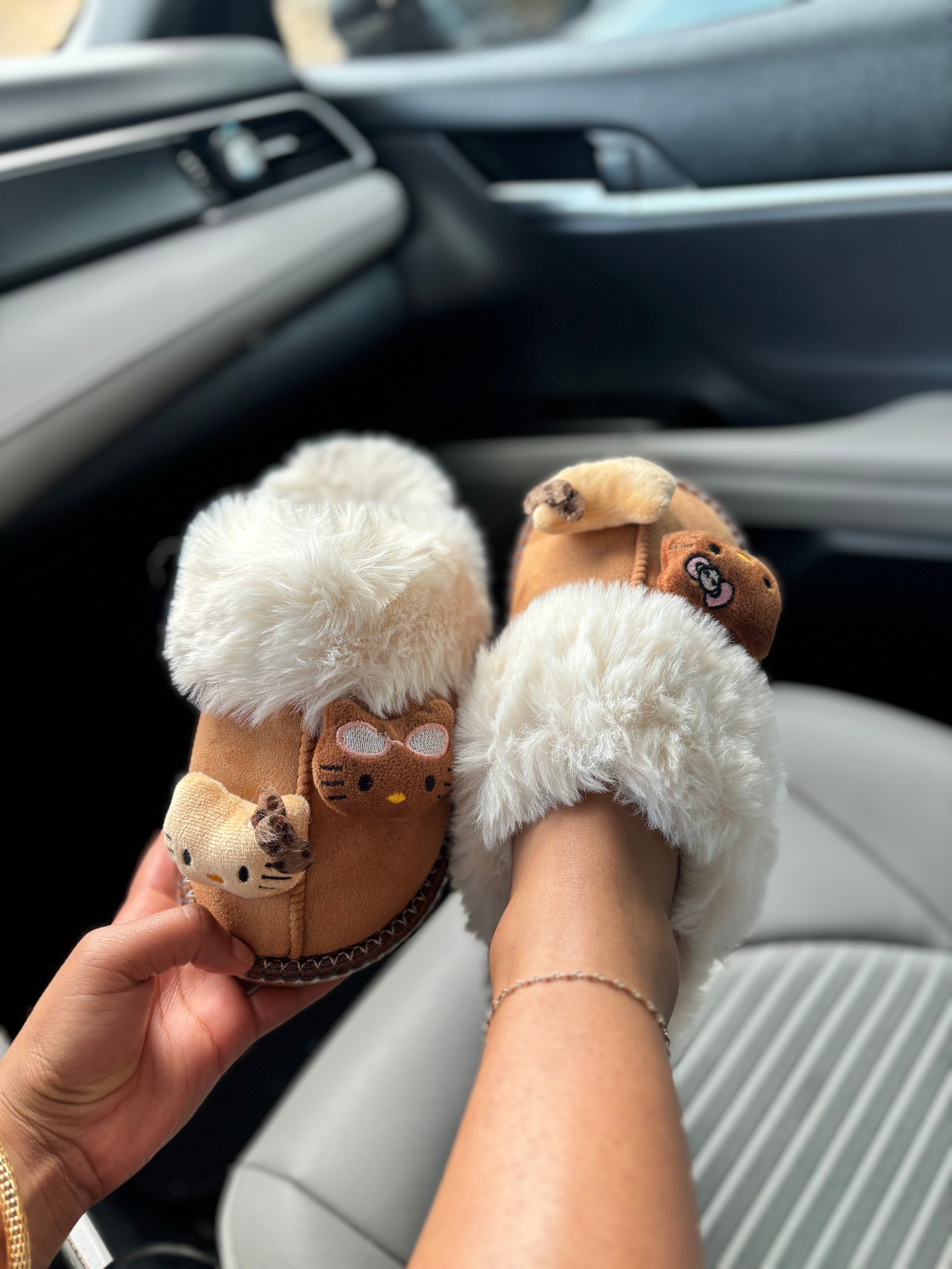 Brown Plush Hello Kitty Slippers