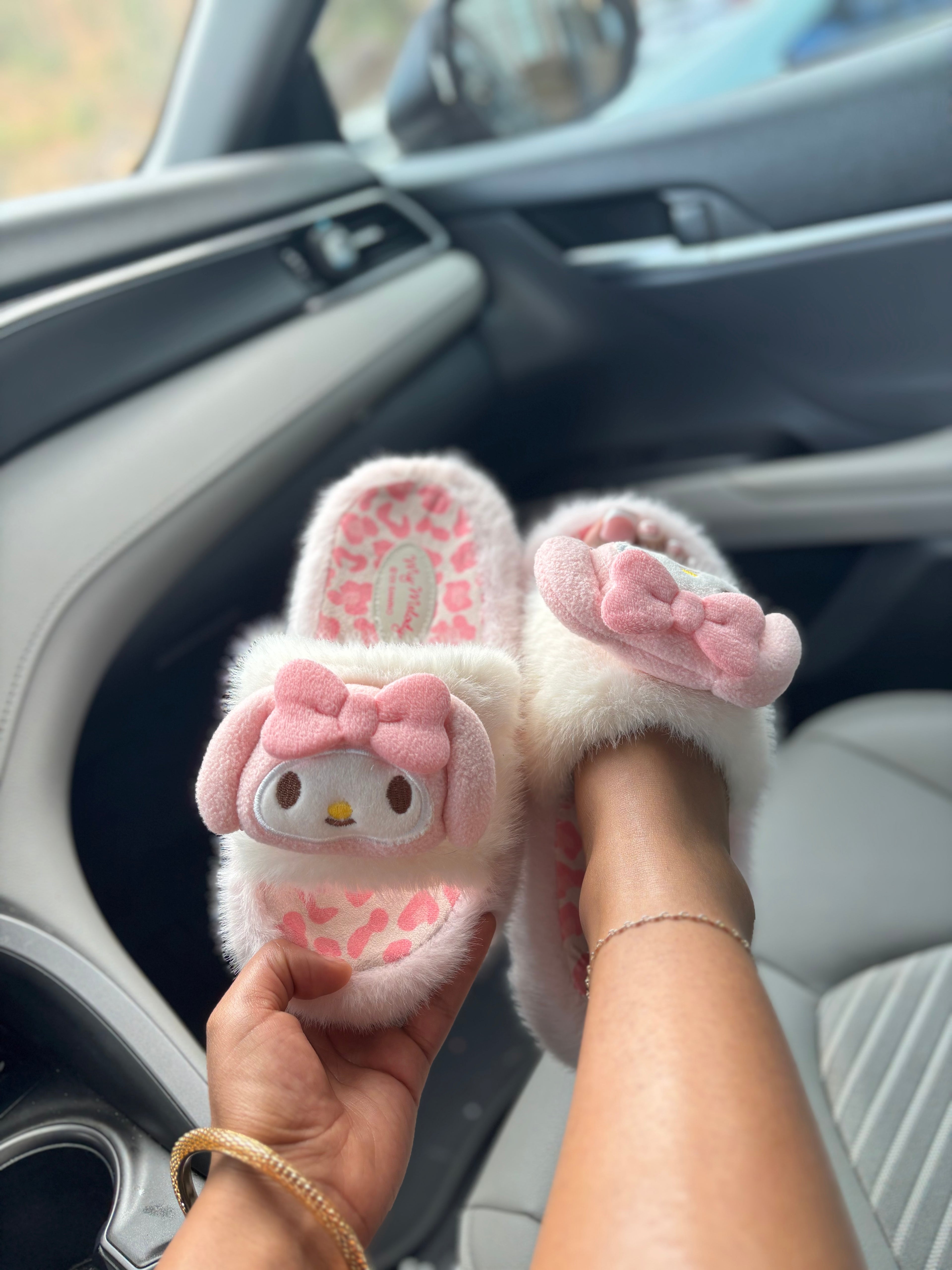 Pink Fluffy Cheetah Print Hello Kitty Slippers